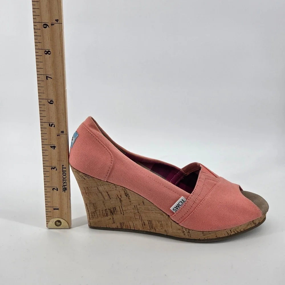 TOMS Coral Pink Canvas‎ Peep Toe 3 inch Wedge Espadrilles Shoes Womens 8.5